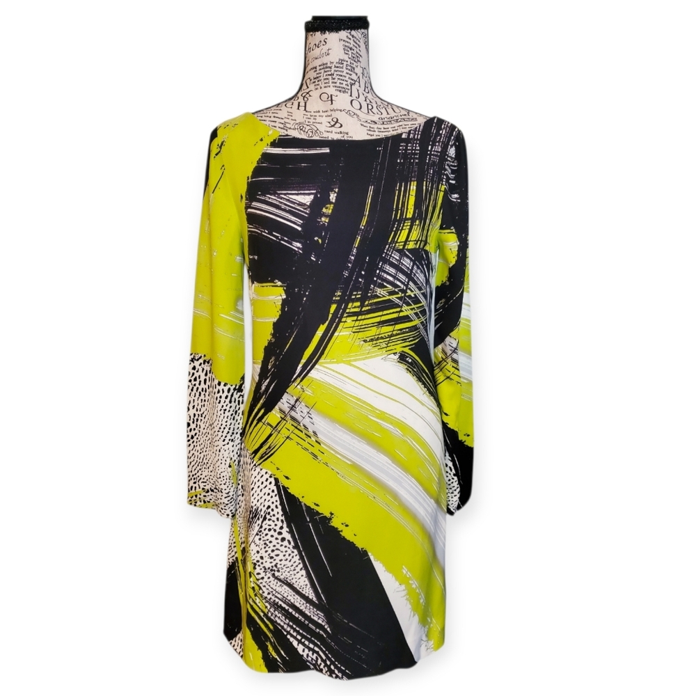 Milly Designer Size 4 Abstract Print Long Mini Sleeve Sheath Dress –